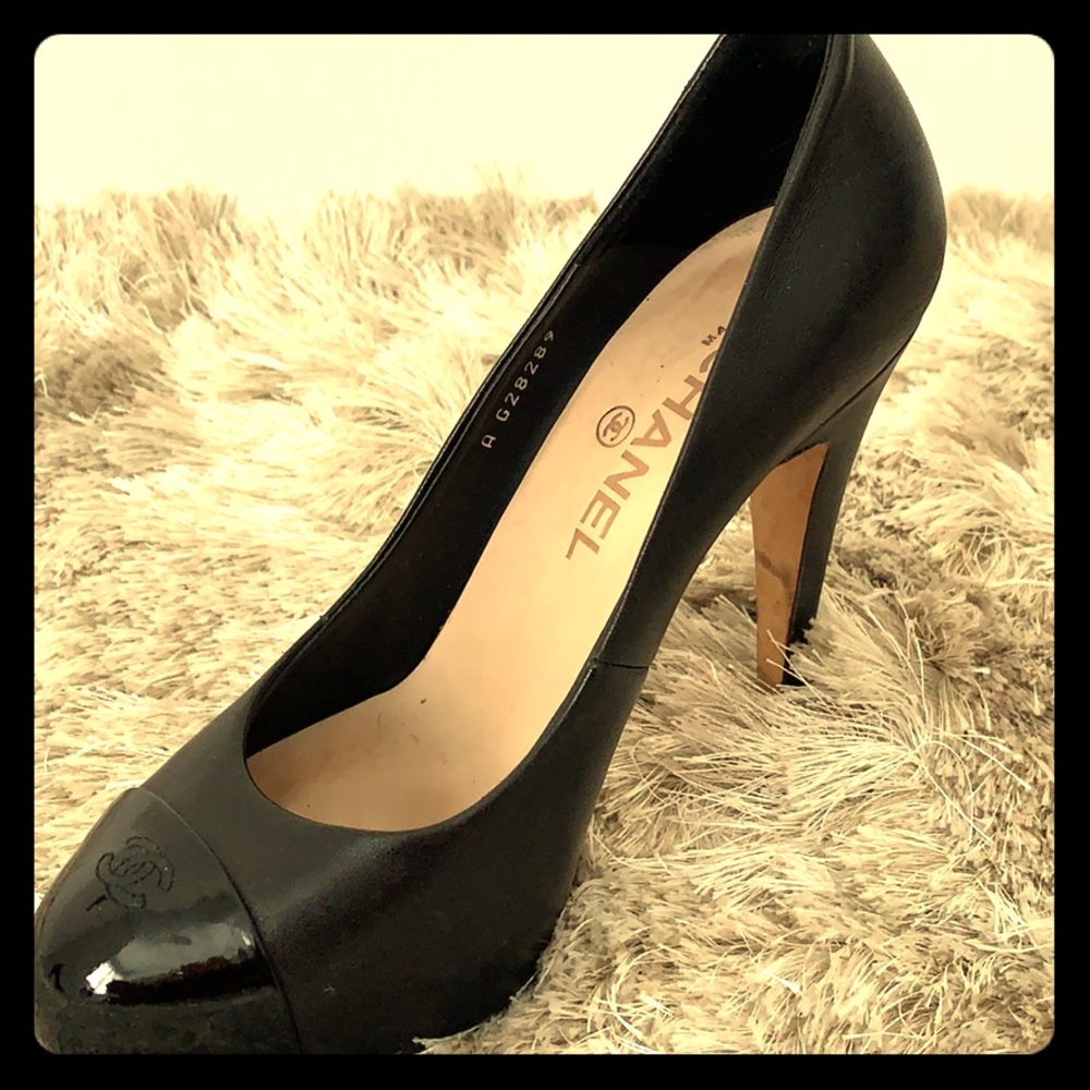 CHANEL Black Leather Cap-Toe High Heels